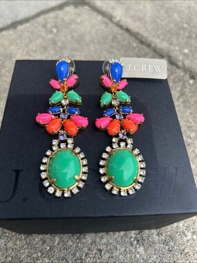 NWT J. Crew Multicolor Statement Drop Earrings with Green Gem